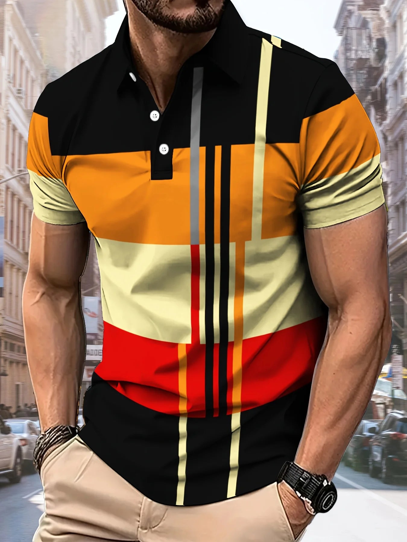 The 2025 summer new men's POLO shirt features a casual fashionable comfortable and breathable 3D striped pattern print